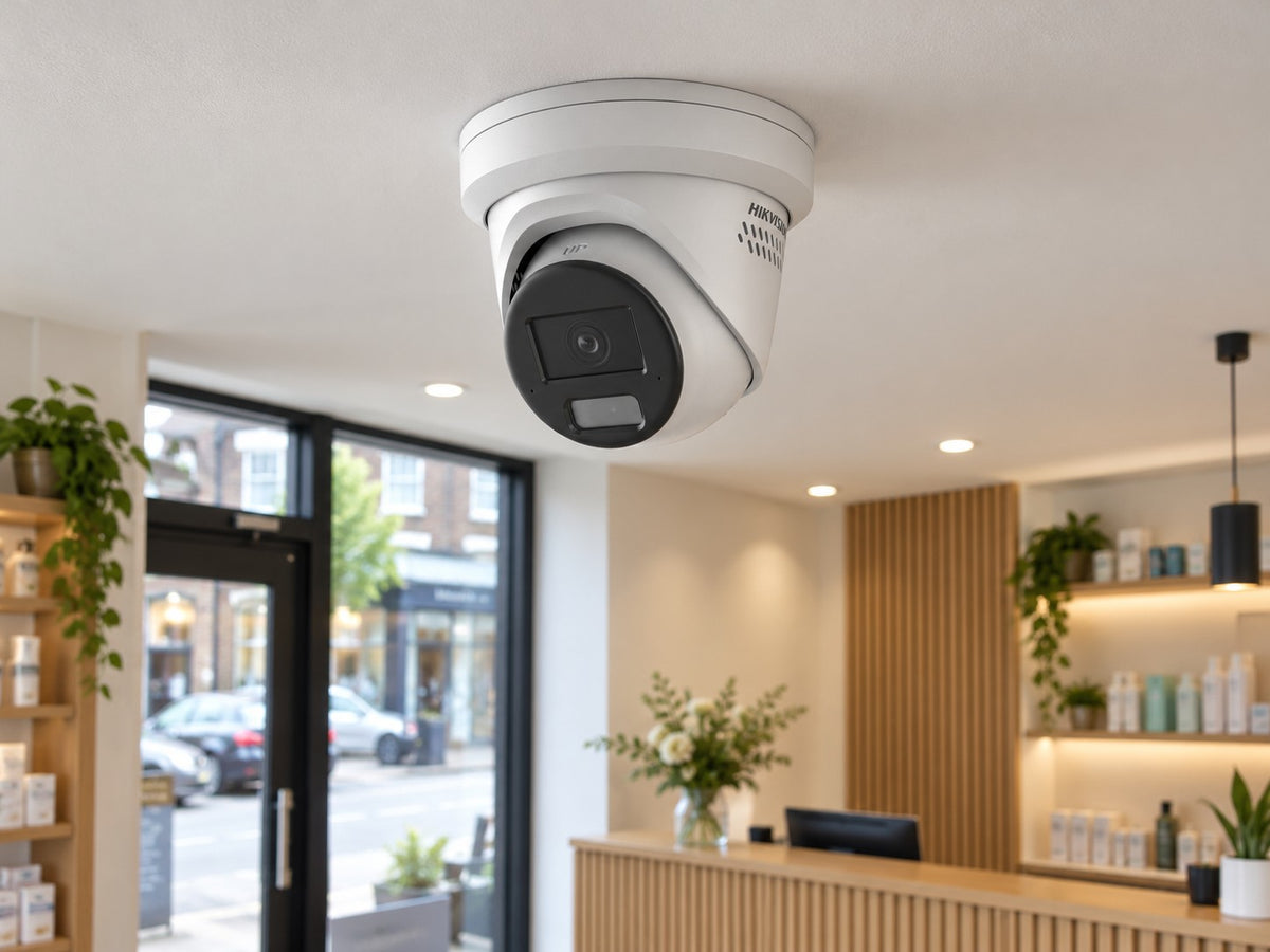 Hikvision DS-2CD2346G2H-IS2U/SL (white) installed in British shop interior reception.