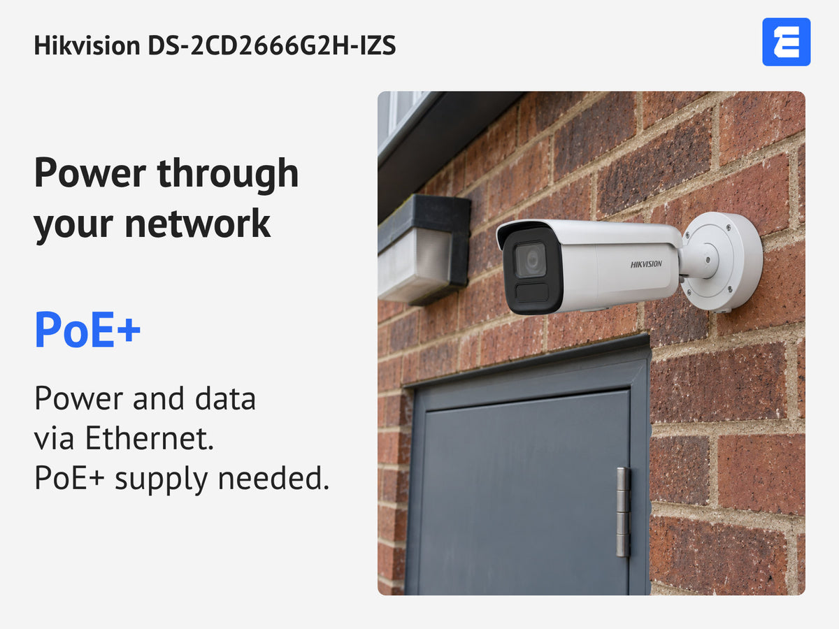 Hikvision DS-2CD2666G2H-IZS infographic: Power through your network.
