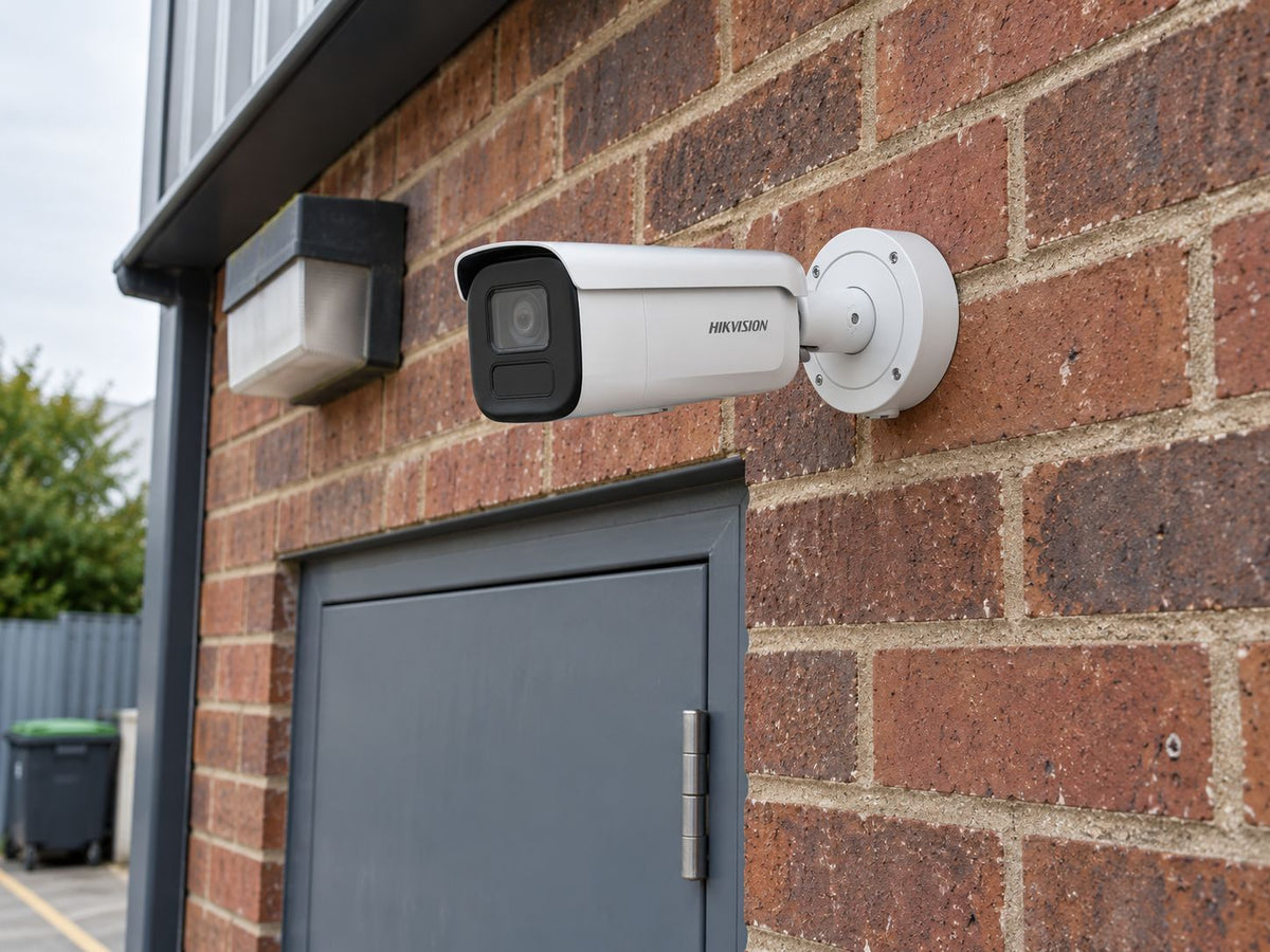 Hikvision DS-2CD2666G2H-IZS installed in British independent shop service entrance.