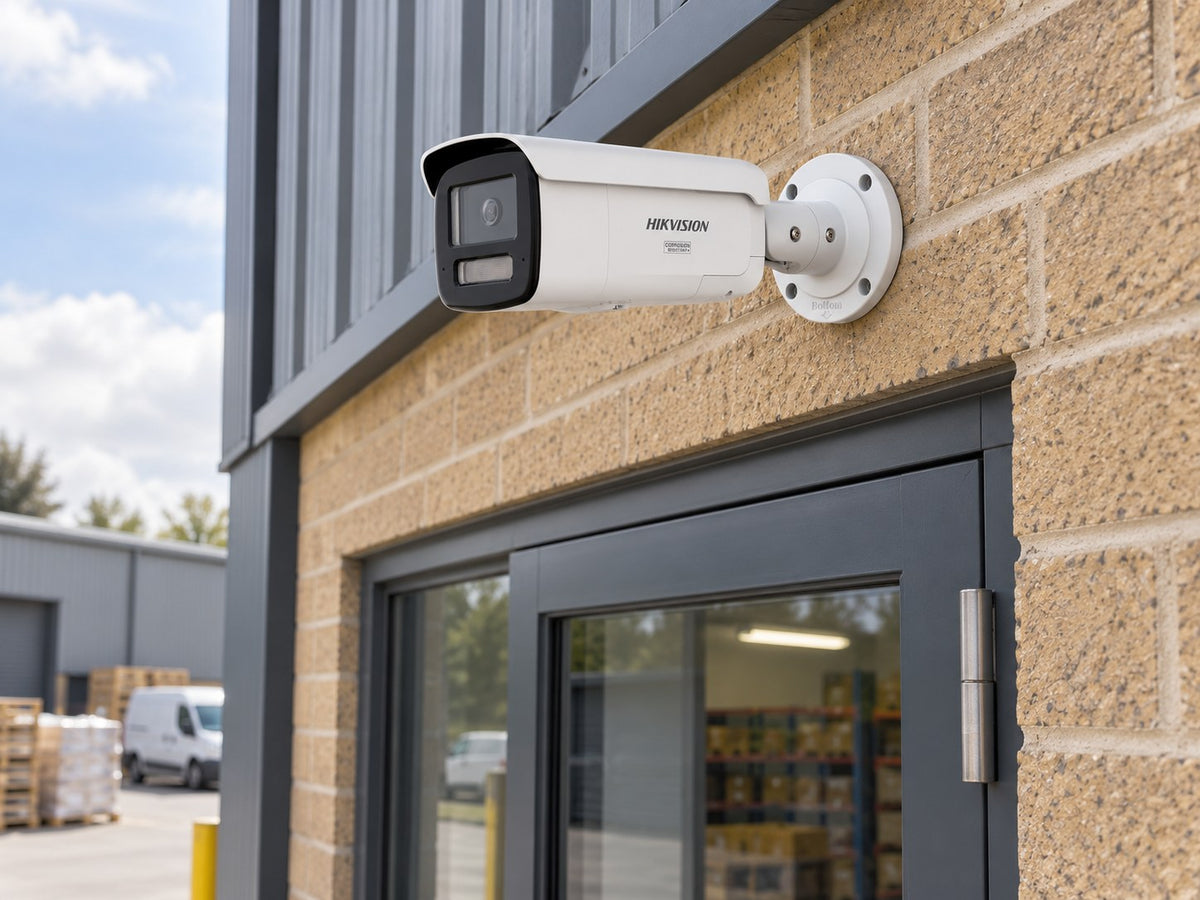 Hikvision DS-2CD2T87G3-LIS2UY/SL (white) installed in British small warehouse pedestrian entrance.