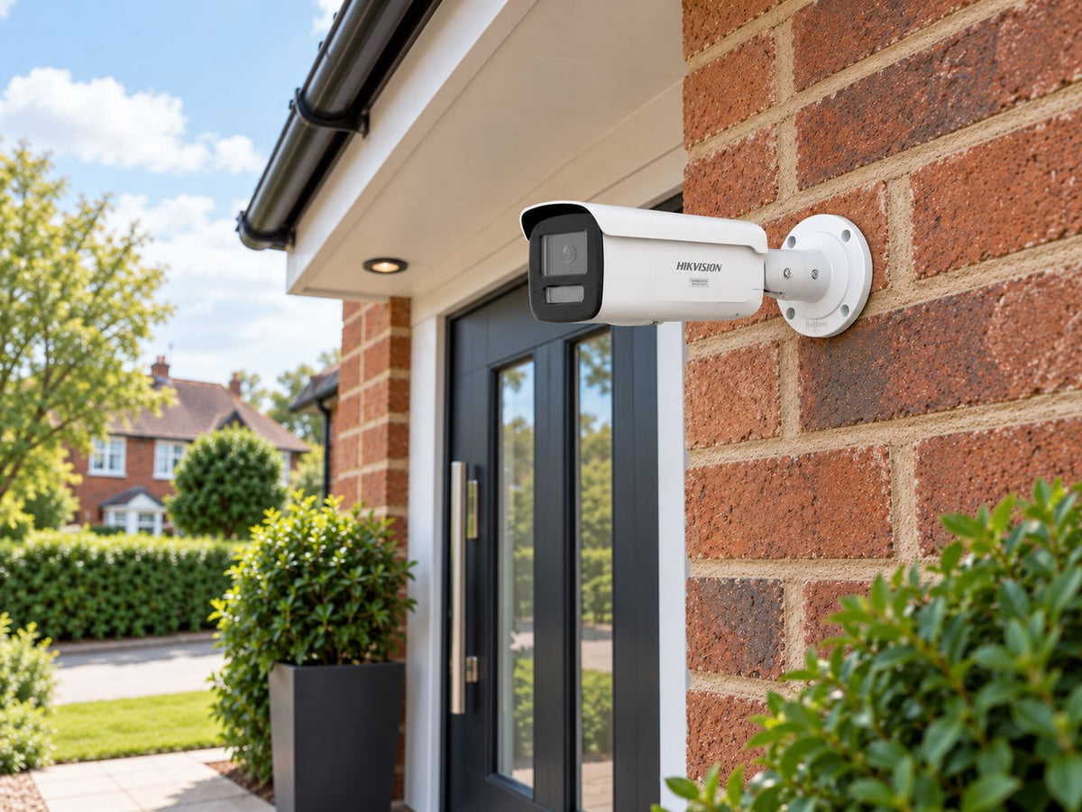 Hikvision DS-2CD2T87G3-LIS2UY/SL (white) installed in British suburban home entrance.