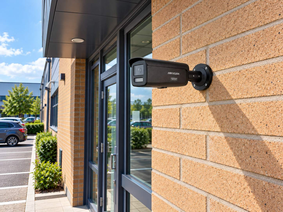 Hikvision DS-2CD2T87G3-LIY • Black installed in A UK small commercial entrance in buff brick, glazed doorway and parking approach in the background.