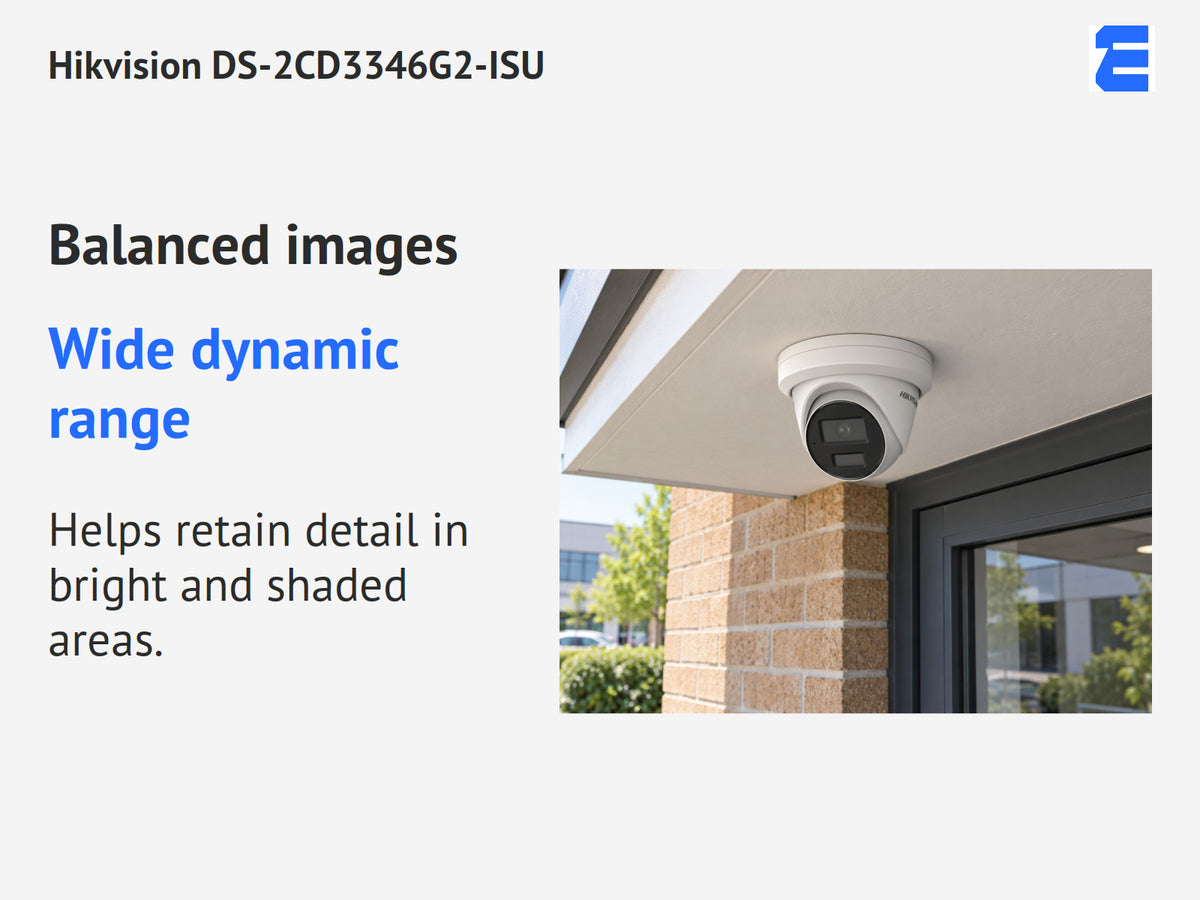 Hikvision DS-2CD3346G2-ISU infographic: Wide dynamic range. Helps retain detail in bright and shaded areas.