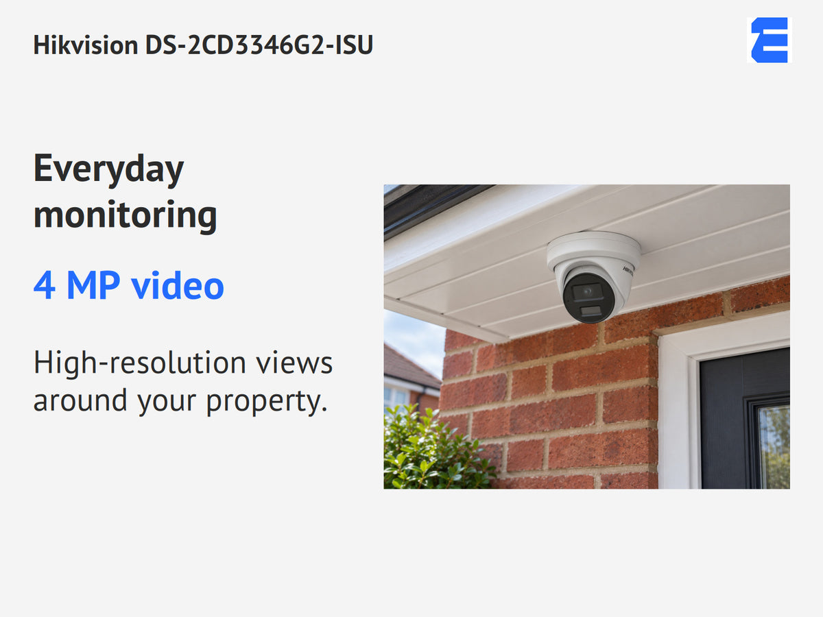 Hikvision DS-2CD3346G2-ISU infographic: 4 MP video. High-resolution views around your property.