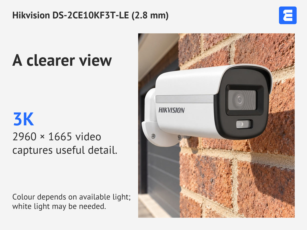 Hikvision DS-2CE10KF3T-LE (2.8 mm) at a brick house exterior; infographic: A clearer view 3K 2960 × 1665 video captures useful detail.