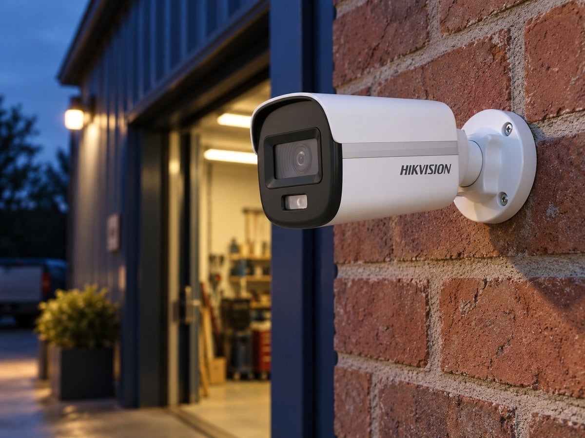 Hikvision DS-2CE10KF3T-LE (2.8 mm) shown at an evening shop entrance.