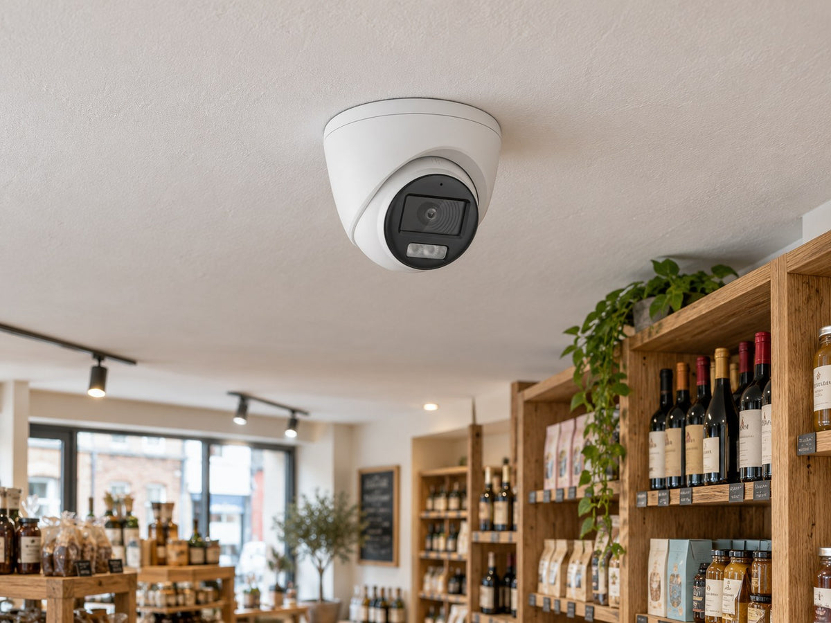 Hikvision DS-2CE72D8T-IT3SE installed in British independent shop interior.