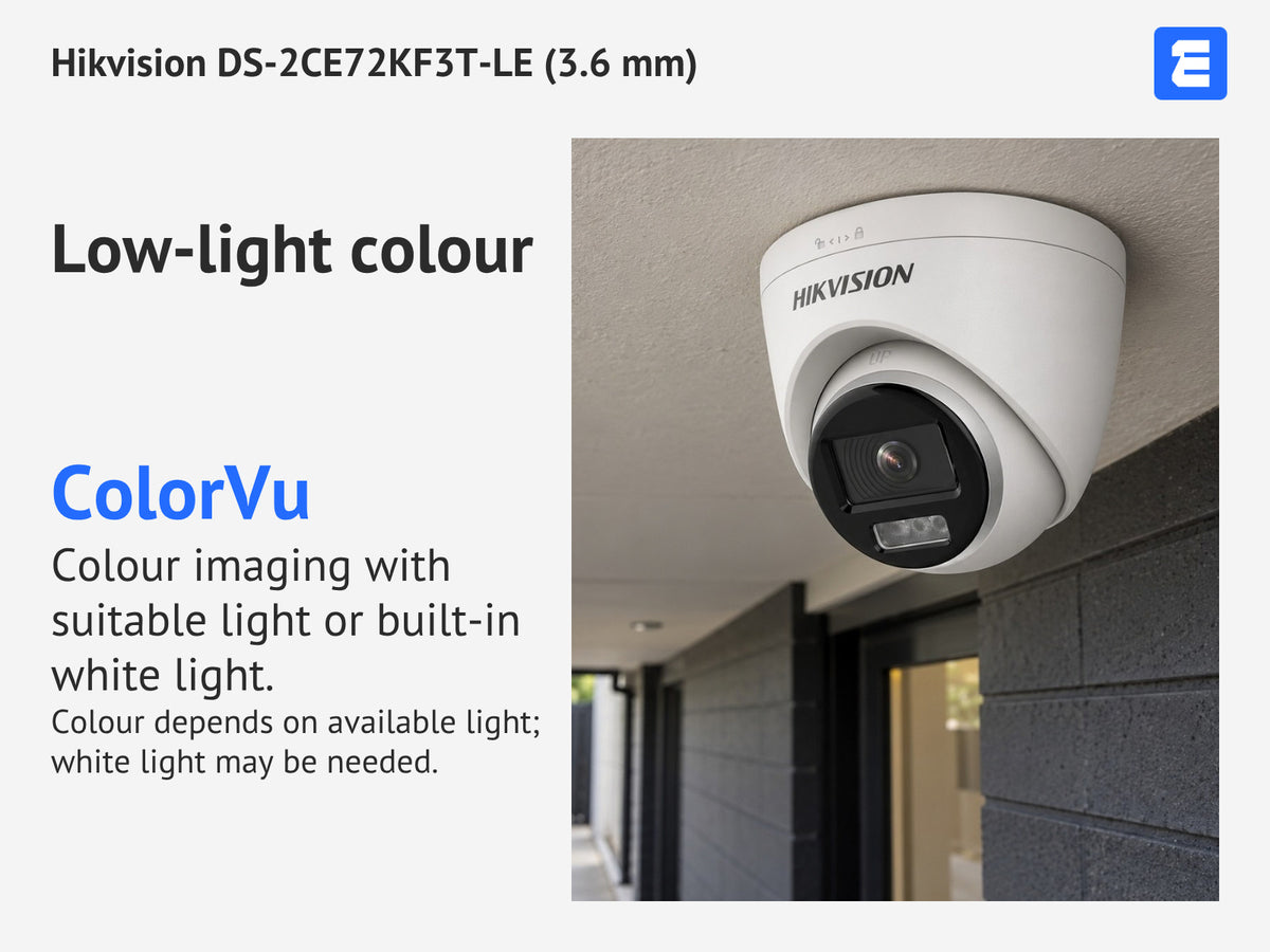 Hikvision DS-2CE72KF3T-LE (3.6 mm) at an exterior entrance; infographic: Low-light colour ColorVu Colour imaging with suitable light or built-in white light.
