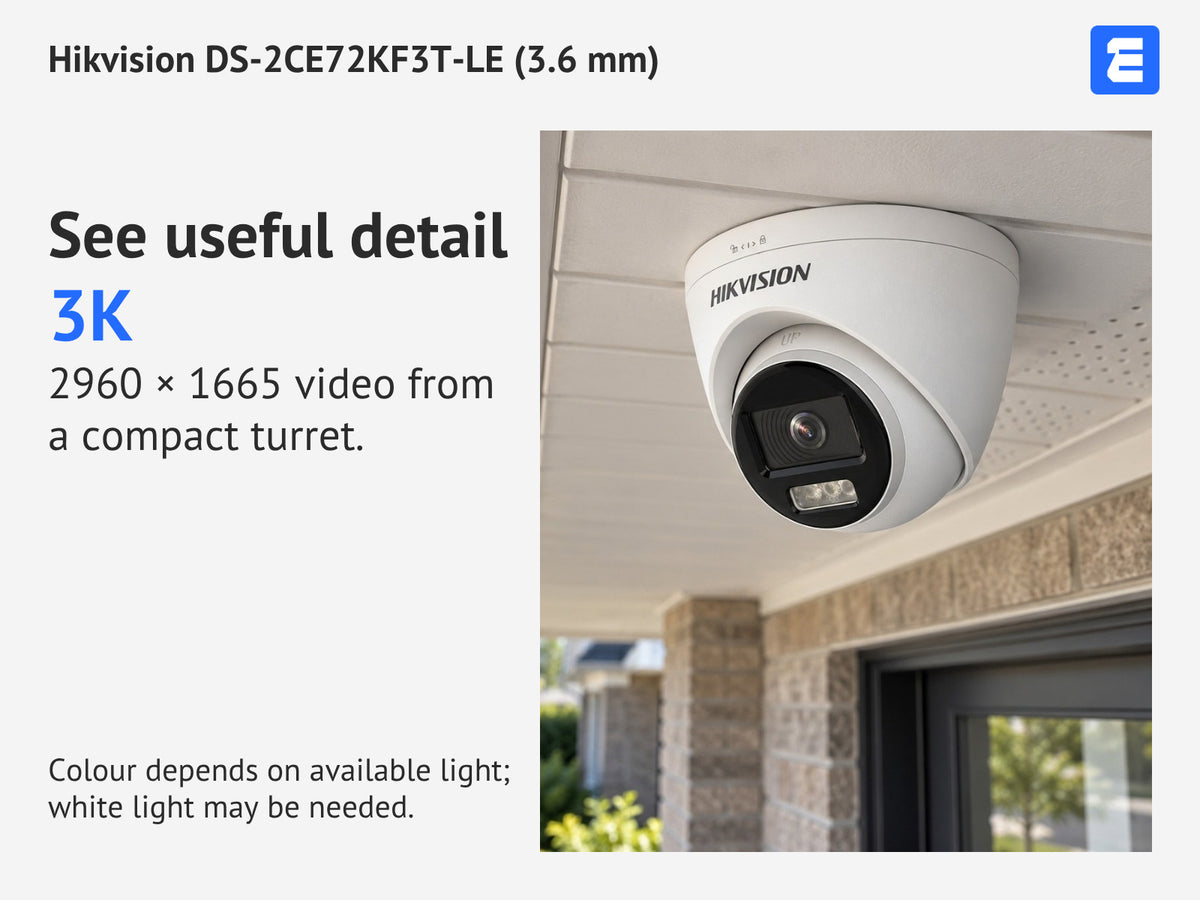 Hikvision DS-2CE72KF3T-LE (3.6 mm) at a brick house exterior; infographic: See useful detail 3K 2960 × 1665 video from a compact turret.