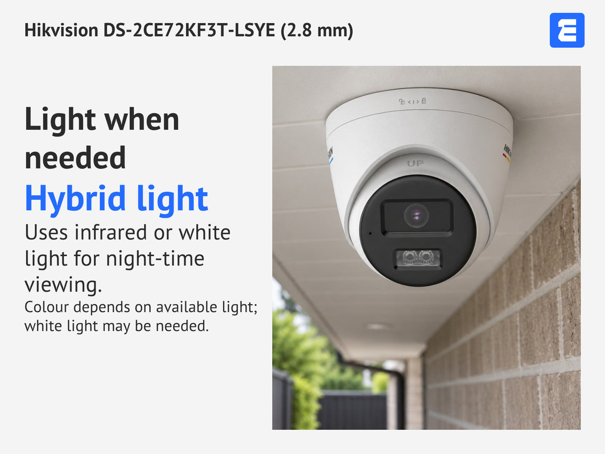 Hikvision DS-2CE72KF3T-LSYE (2.8 mm) at an exterior entrance; infographic: Light when needed Hybrid light Uses infrared or white light for night-time viewing.