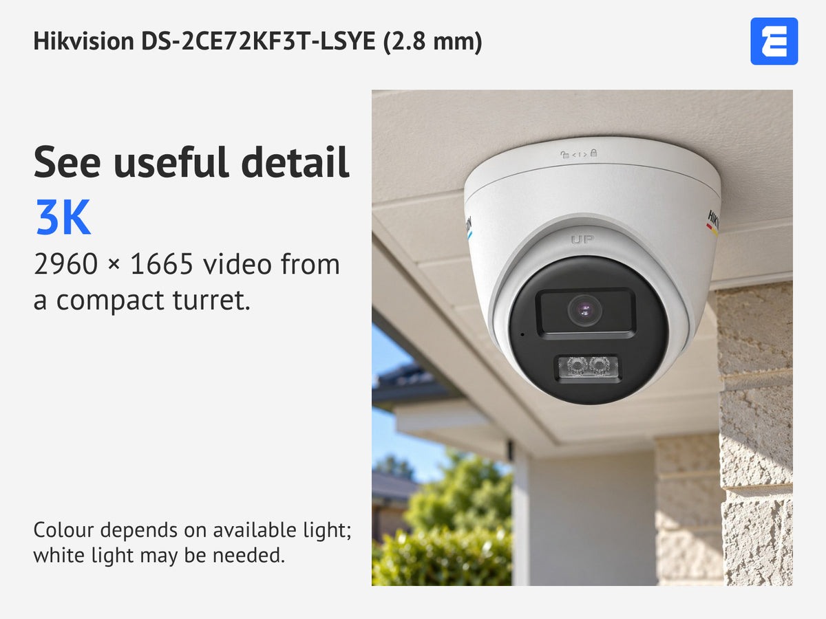 Hikvision DS-2CE72KF3T-LSYE (2.8 mm) at a brick house exterior; infographic: See useful detail 3K 2960 × 1665 video from a compact turret.