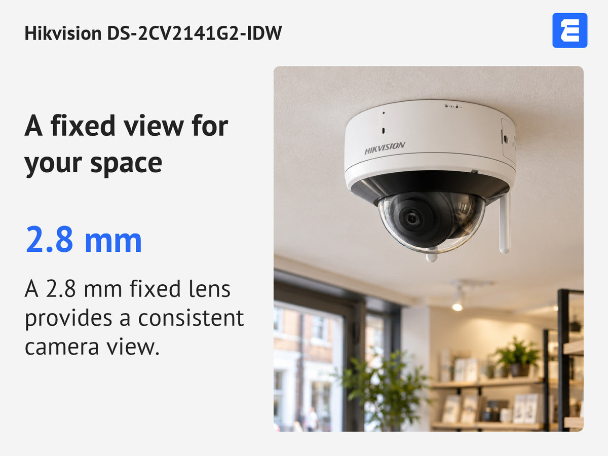 Hikvision DS-2CV2141G2-IDW infographic: A fixed view for your space.