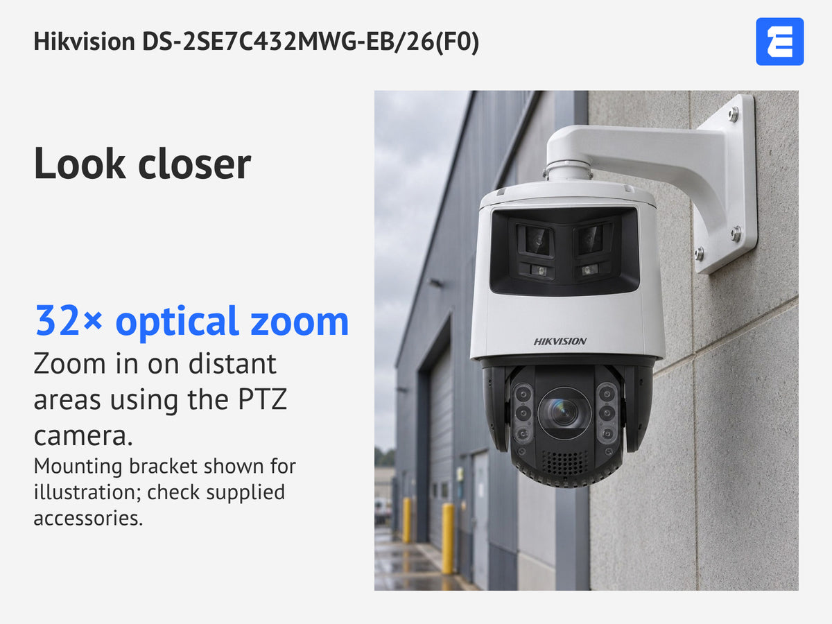 Hikvision DS-2SE7C432MWG-EB/26(F0) at a loading bay; infographic: Look closer 32× optical zoom Zoom in on distant areas using the PTZ camera.