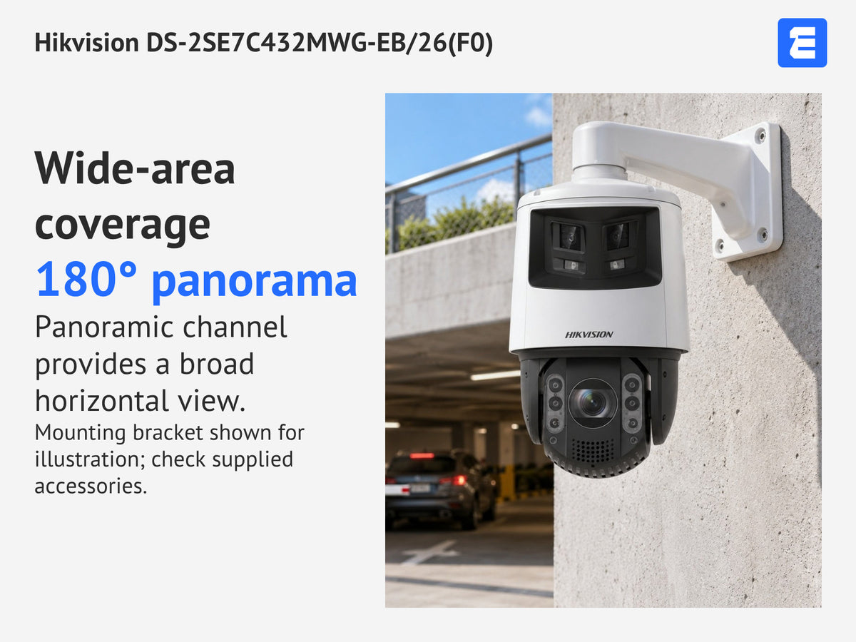 Hikvision DS-2SE7C432MWG-EB/26(F0) at a car park; infographic: Wide-area coverage 180° panorama Panoramic channel provides a broad horizontal view.