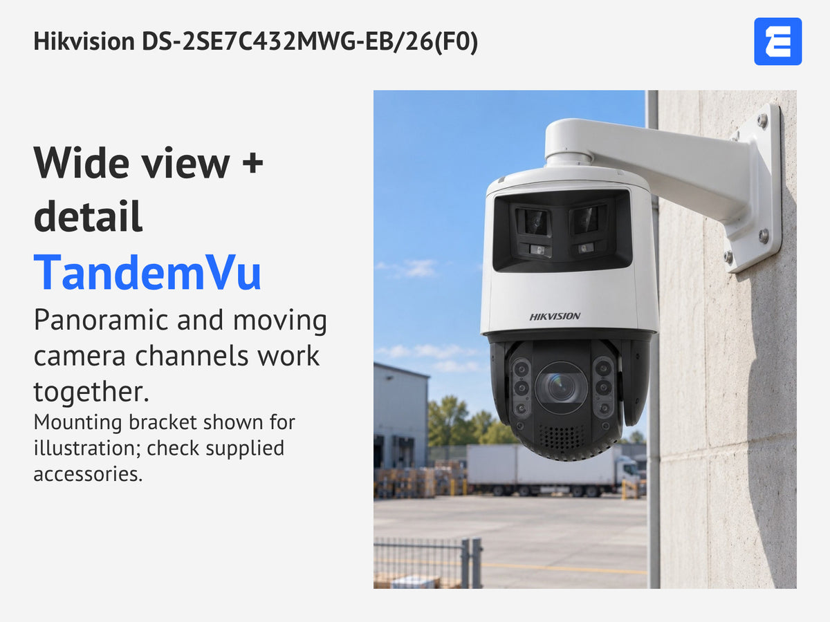 Hikvision DS-2SE7C432MWG-EB/26(F0) at an industrial yard; infographic: Wide view + detail TandemVu Panoramic and moving camera channels work together.