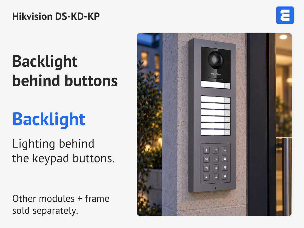 Hikvision DS-KD-KP keypad in a modular door station; infographic shows backlighting behind the buttons. Other modules and frame sold separately.