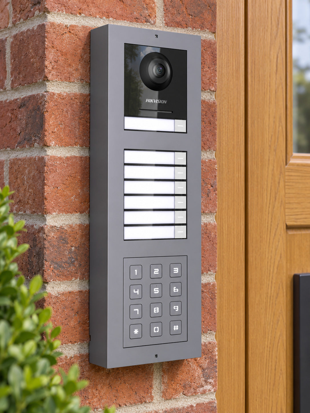 DS-KD-KP keypad in a station by a brick doorway; other modules and frame sold separately.