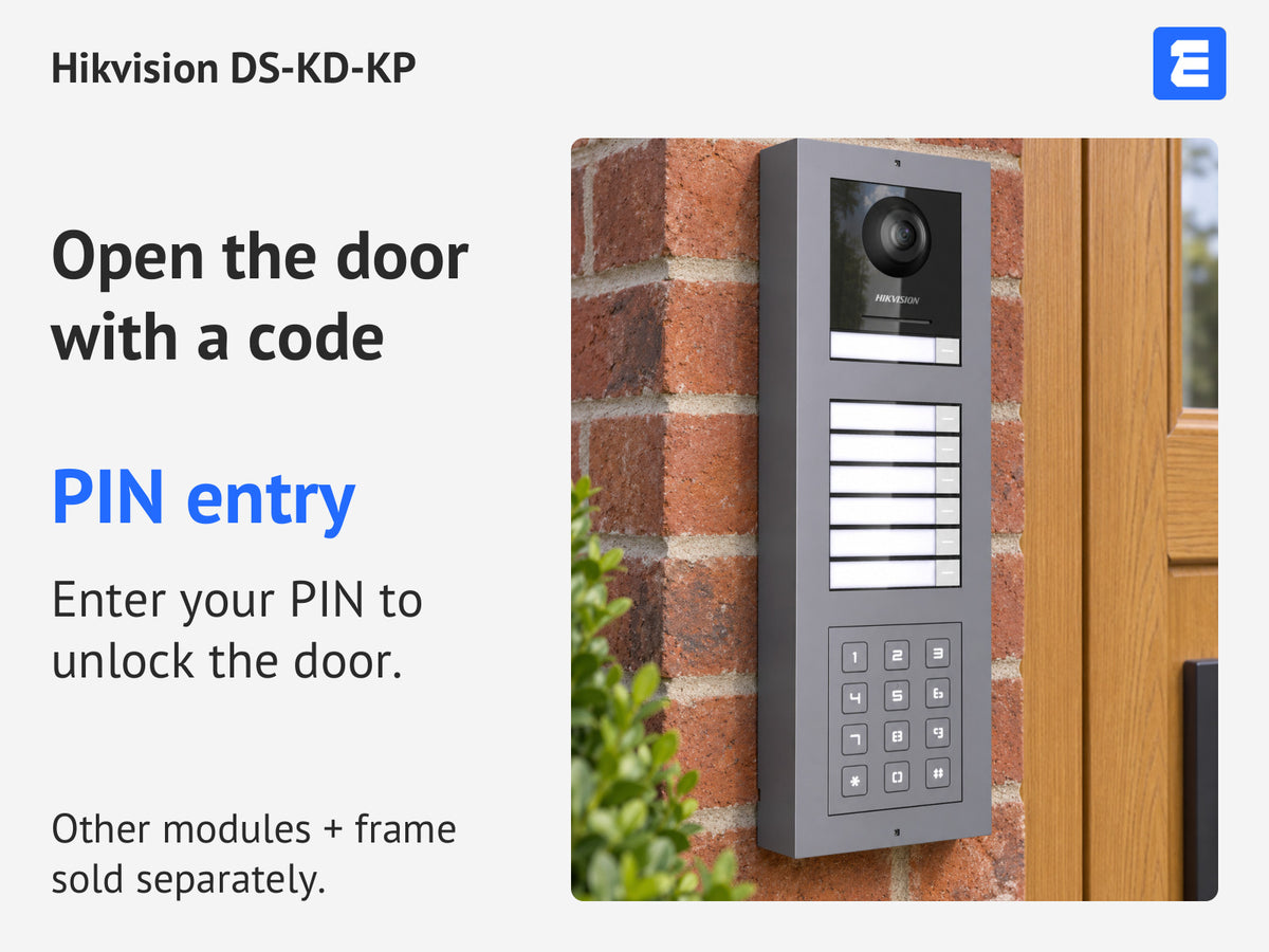 DS-KD-KP pin entry infographic; keypad in a station. Other modules and frame sold separately.