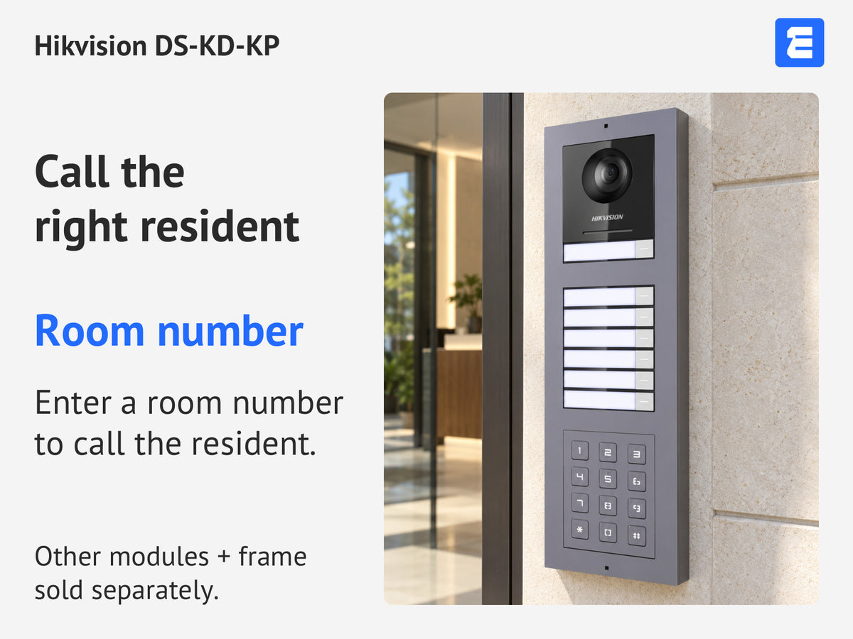 DS-KD-KP room number infographic; keypad in a station. Other modules and frame sold separately.