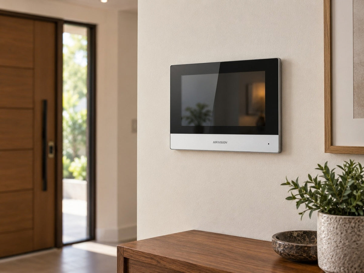 Hikvision DS-KH6320Y-WTE2 shown at an entrance hallway wall.