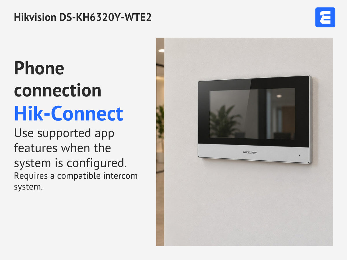 Hikvision DS-KH6320Y-WTE2 at a reception-area wall; infographic: Phone connection Hik-Connect Use supported app features when the system is configured.