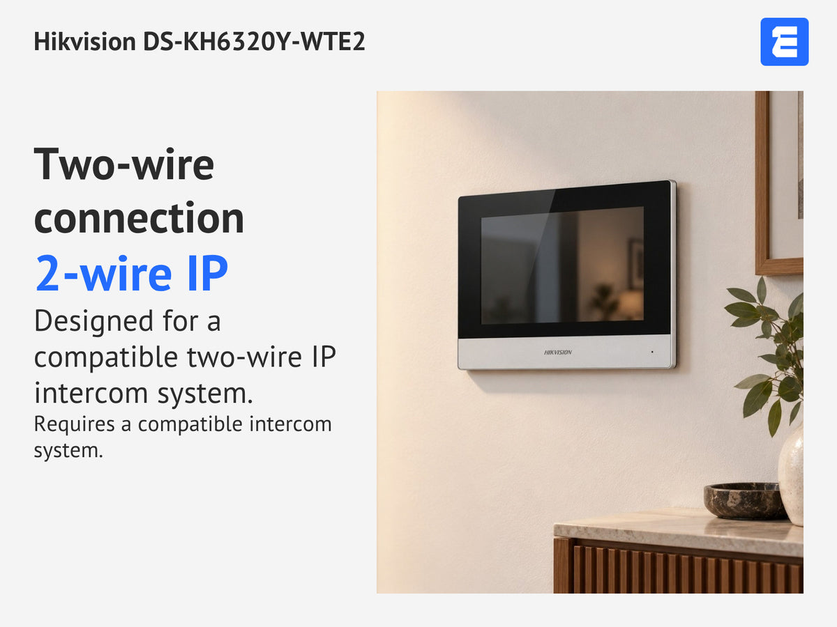 Hikvision DS-KH6320Y-WTE2 at a wall beside a door; infographic: Two-wire connection 2-wire IP Designed for a compatible two-wire IP intercom system.