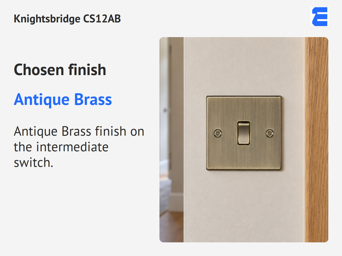 Knightsbridge CS12AB infographic: Antique Brass. Antique Brass finish on the intermediate switch.