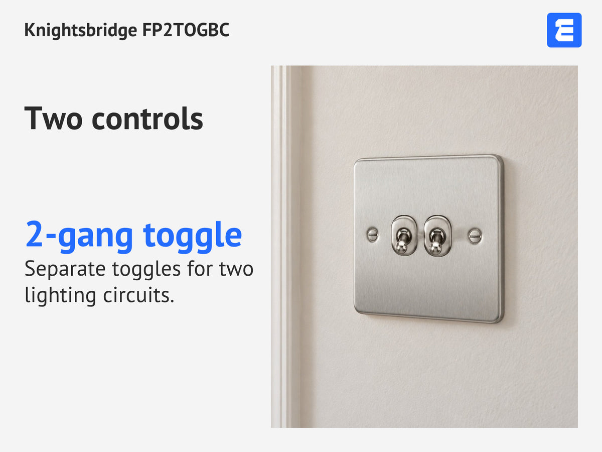 Knightsbridge FP2TOGBC at a living-room wall; infographic: Two controls 2-gang toggle Separate toggles for two lighting circuits.