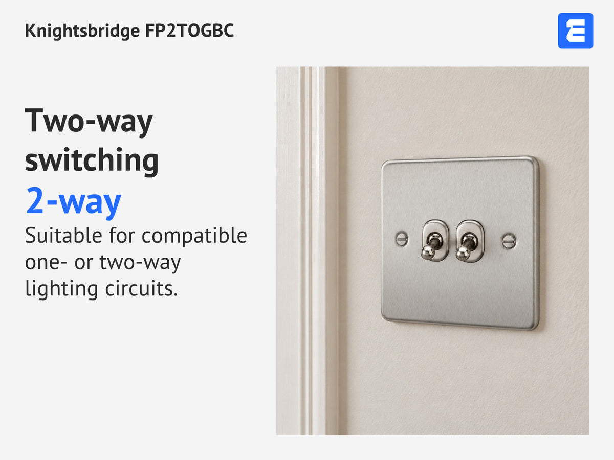 Knightsbridge FP2TOGBC at a dining-room wall; infographic: Two-way switching 2-way Suitable for compatible one- or two-way lighting circuits.