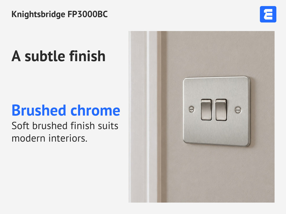Knightsbridge FP3000BC at a bedroom wall; infographic: A subtle finish Brushed chrome Soft brushed finish suits modern interiors.