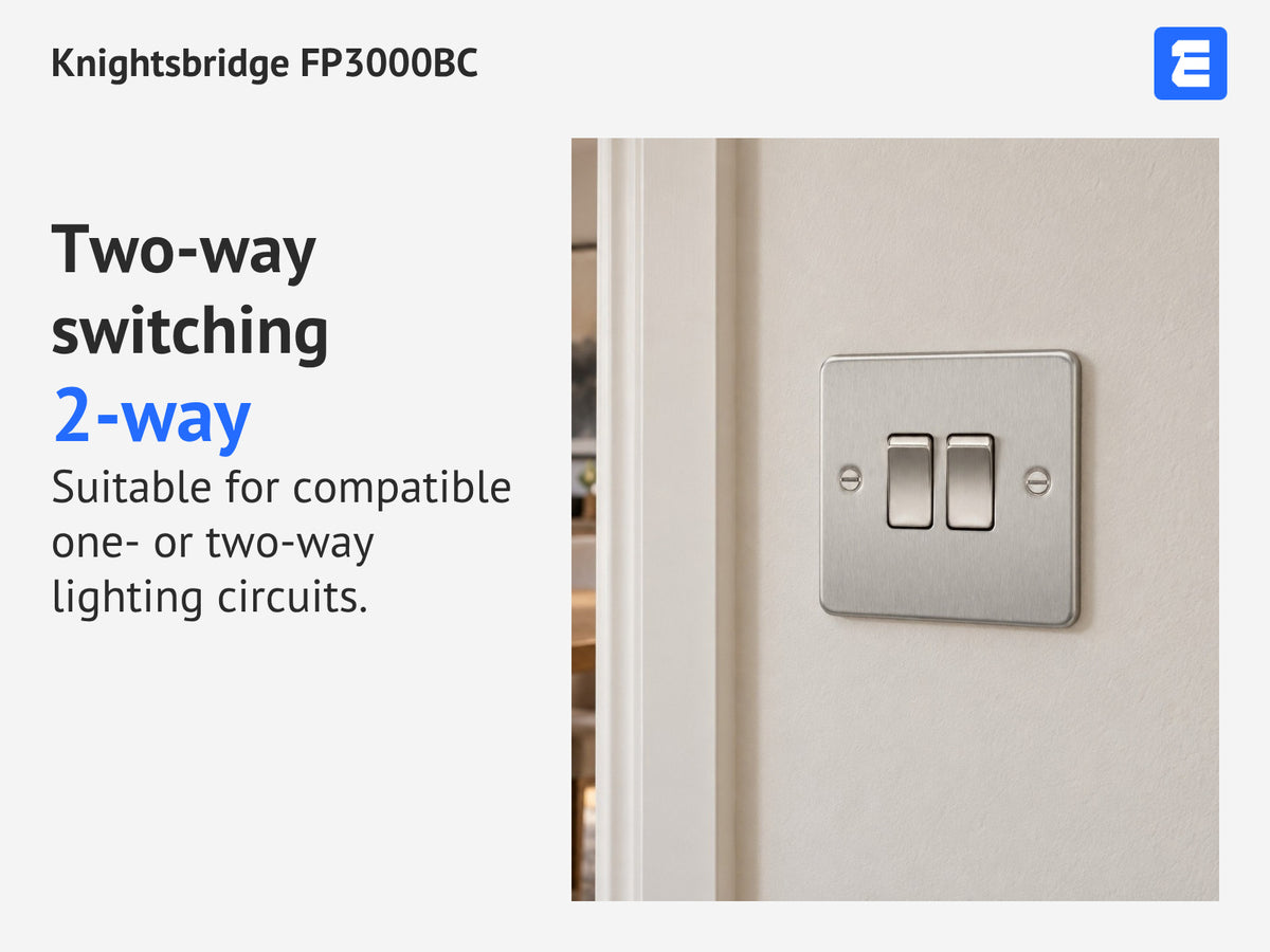 Knightsbridge FP3000BC at a dining-room wall; infographic: Two-way switching 2-way Suitable for compatible one- or two-way lighting circuits.