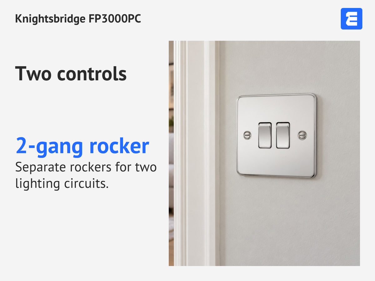 Knightsbridge FP3000PC at a living-room wall; infographic: Two controls 2-gang rocker Separate rockers for two lighting circuits.
