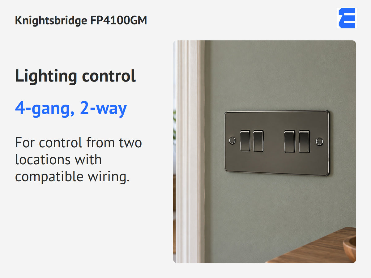 Knightsbridge FP4100GM infographic: 4-gang, 2-way. For control from two locations with compatible wiring.