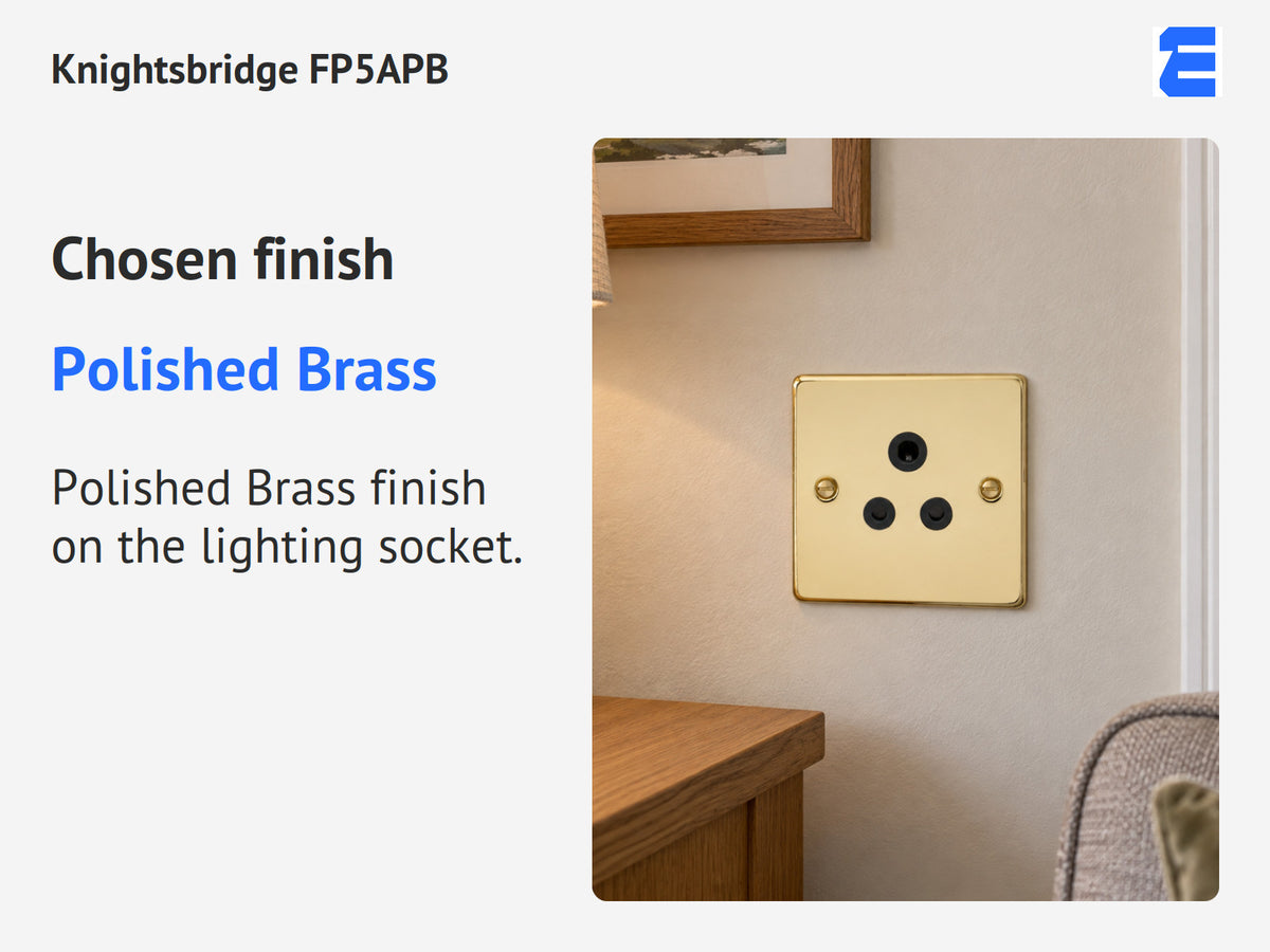 Knightsbridge FP5APB infographic: Polished Brass. Polished Brass finish on the lighting socket.