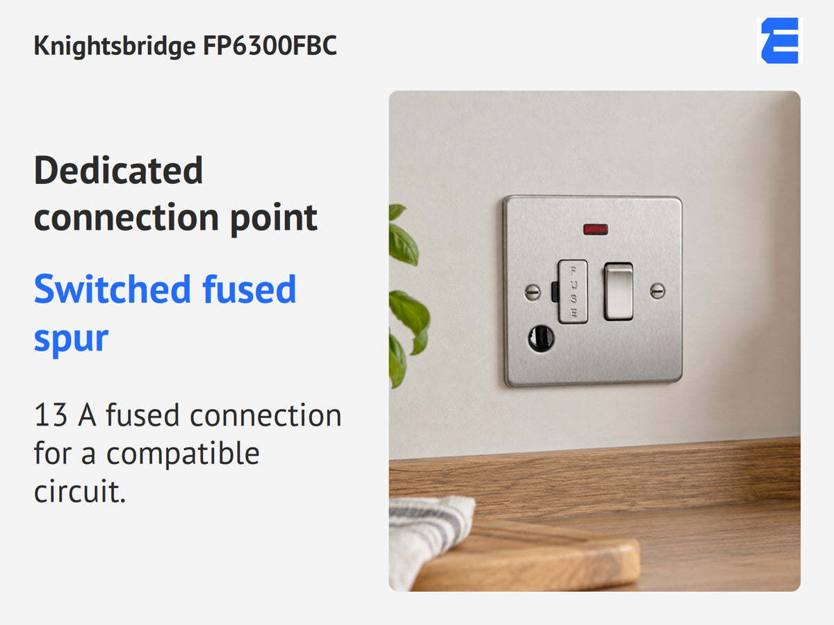 Knightsbridge FP6300FBC infographic: Switched fused spur. 13 A fused connection for a compatible circuit.