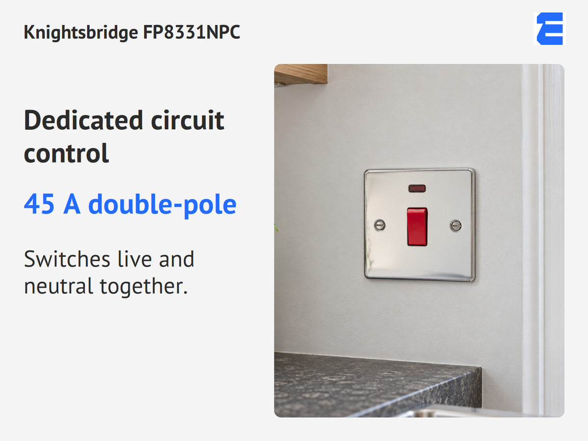 Knightsbridge FP8331NPC infographic: 45 A double-pole. Switches live and neutral together.