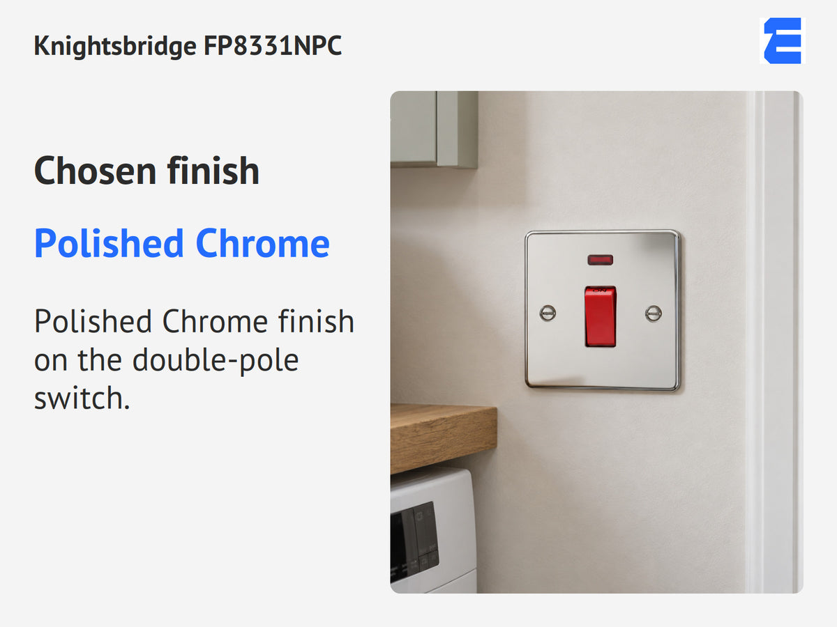 Knightsbridge FP8331NPC infographic: Polished Chrome. Polished Chrome finish on the double-pole switch.