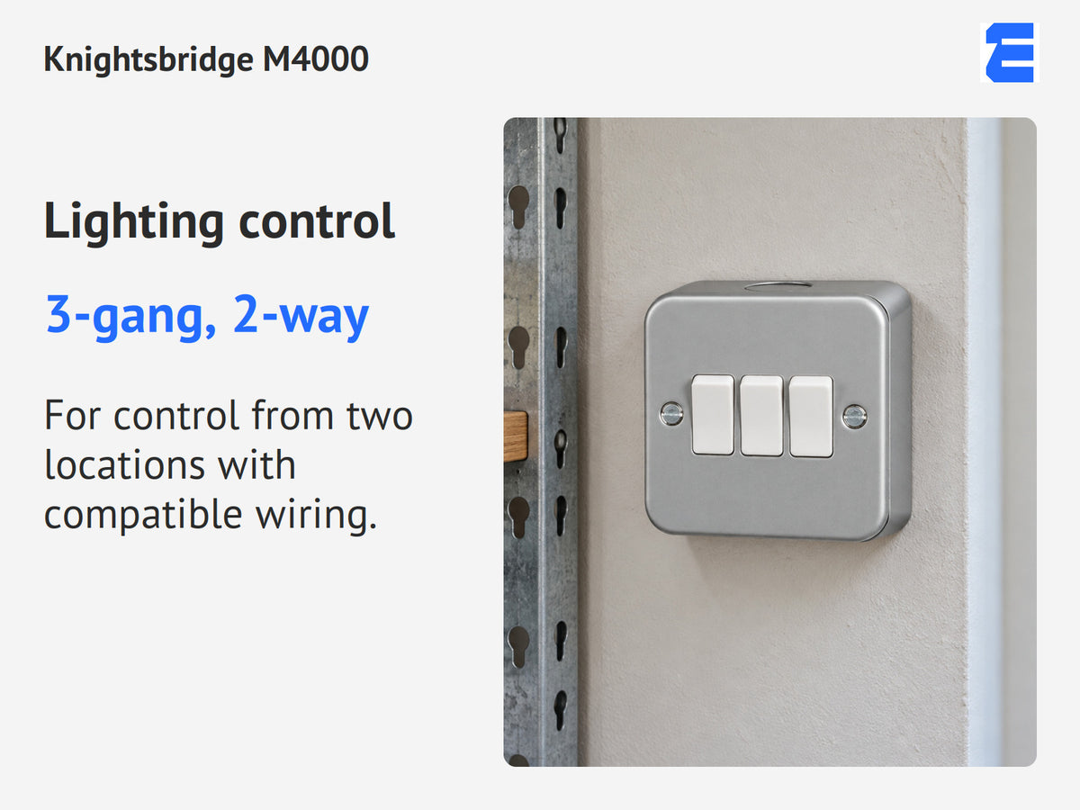 Knightsbridge M4000 infographic: 3-gang, 2-way. For control from two locations with compatible wiring.