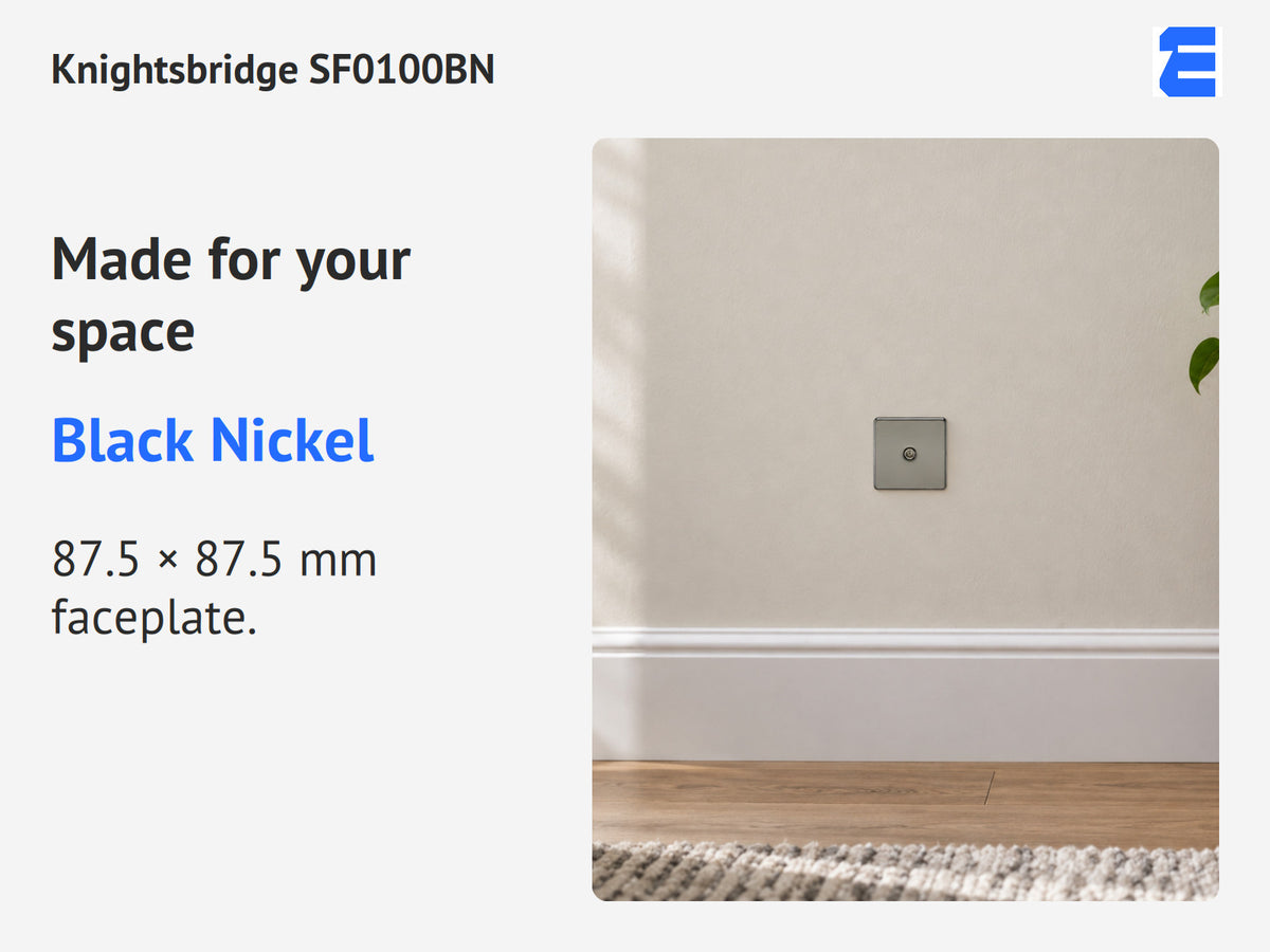 Knightsbridge SF0100BN infographic: Black Nickel. 87.5 × 87.5 mm faceplate.