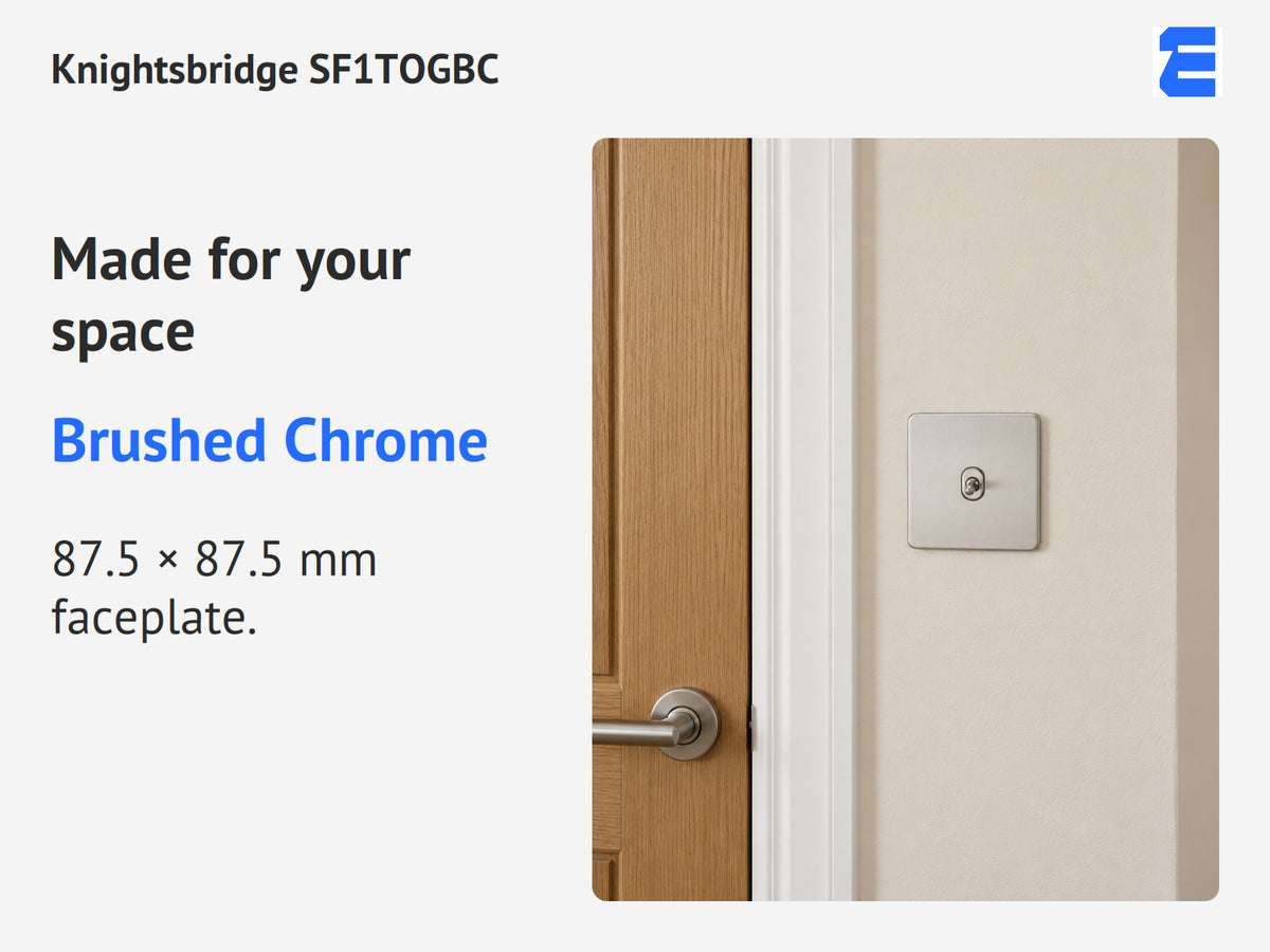 Knightsbridge SF1TOGBC infographic: Brushed Chrome. 87.5 × 87.5 mm faceplate.