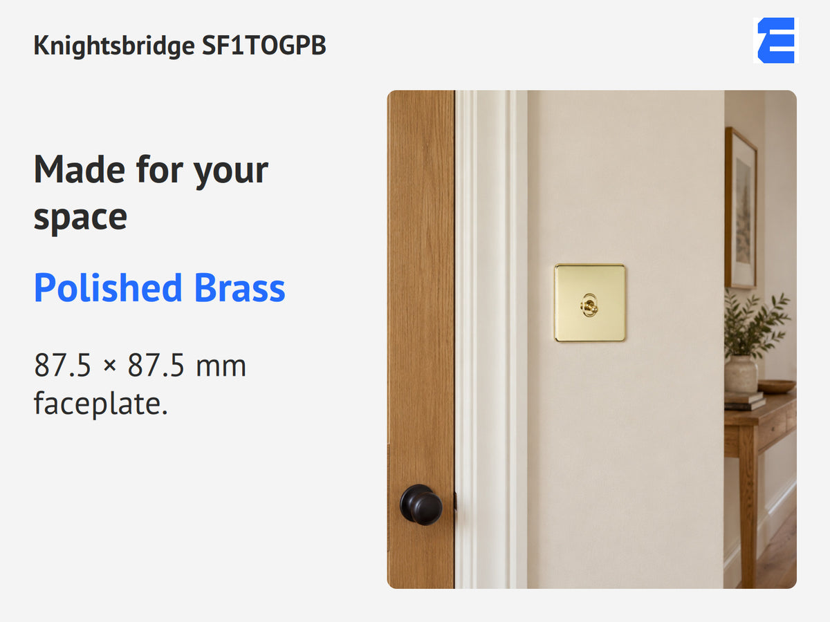 Knightsbridge SF1TOGPB infographic: Polished Brass. 87.5 × 87.5 mm faceplate.