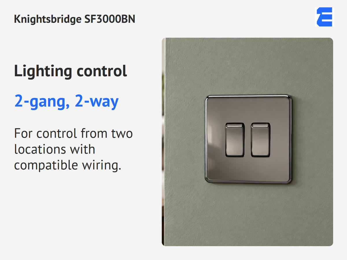 Knightsbridge SF3000BN infographic: 2-gang, 2-way. For control from two locations with compatible wiring.