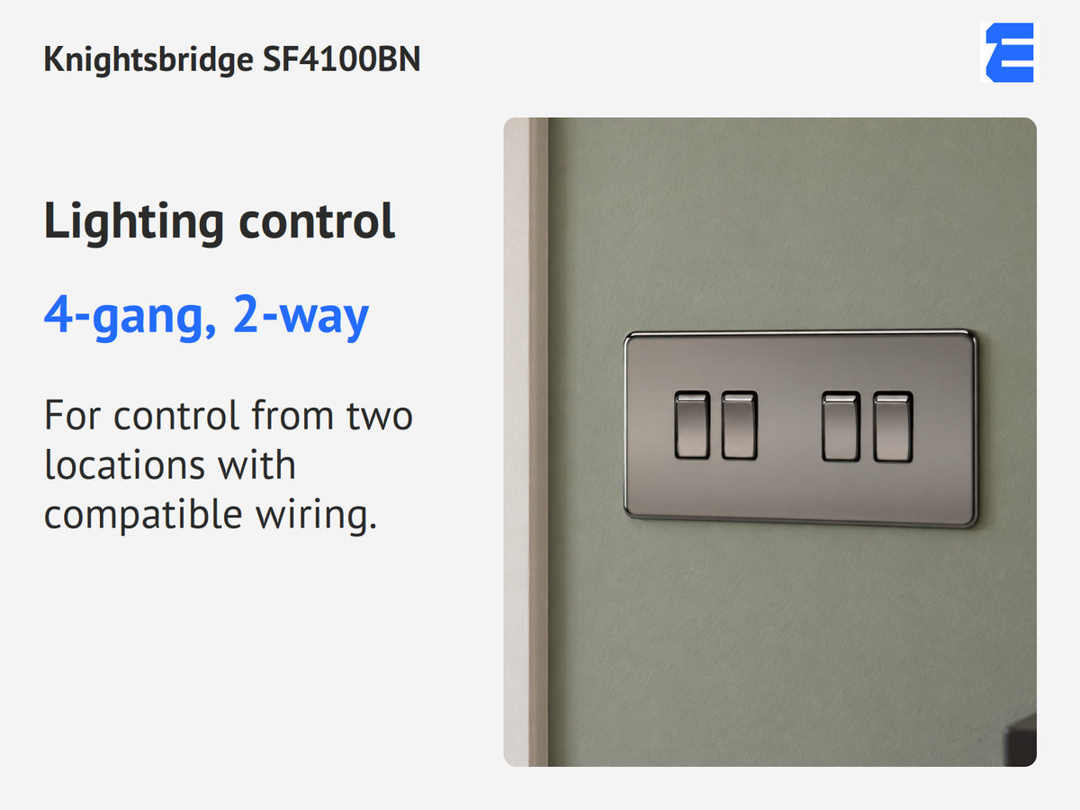 Knightsbridge SF4100BN infographic: 4-gang, 2-way. For control from two locations with compatible wiring.