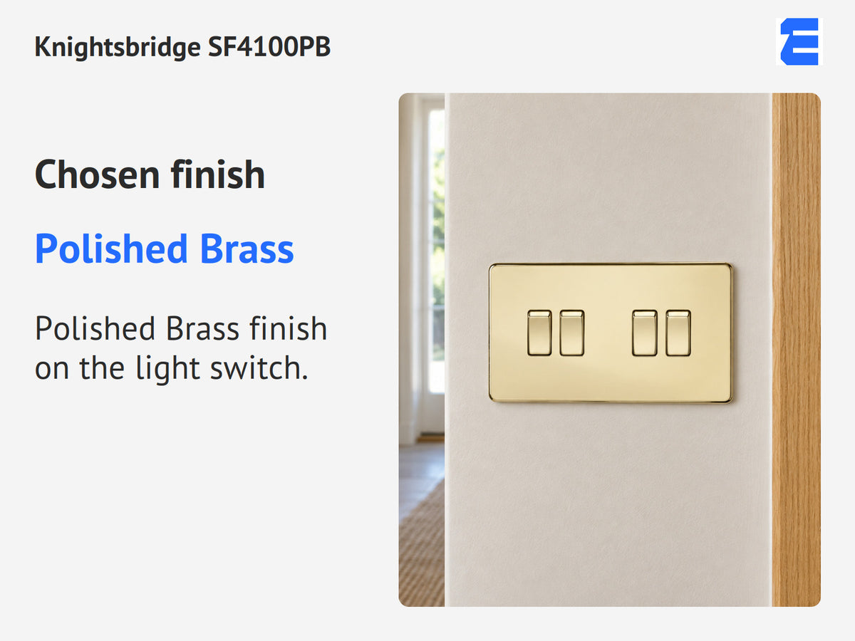 Knightsbridge SF4100PB infographic: Polished Brass. Polished Brass finish on the light switch.