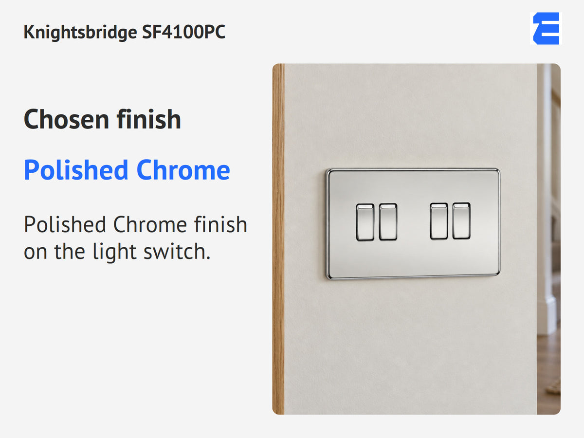 Knightsbridge SF4100PC infographic: Polished Chrome. Polished Chrome finish on the light switch.