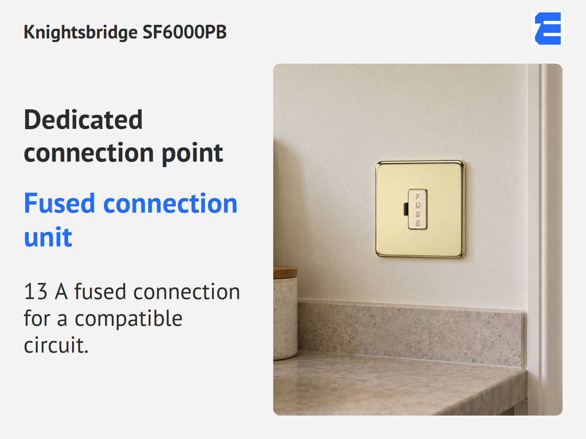 Knightsbridge SF6000PB infographic: Fused connection unit. 13 A fused connection for a compatible circuit.
