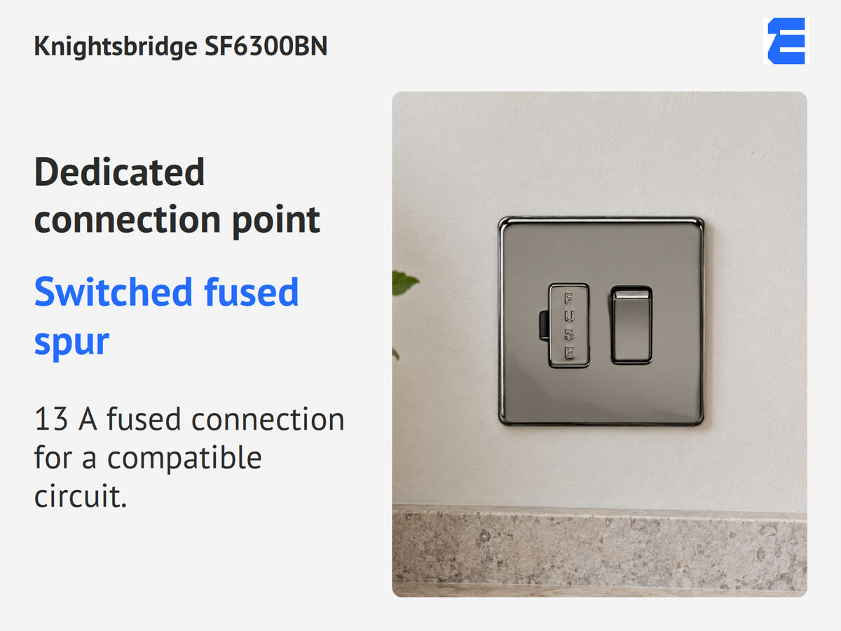 Knightsbridge SF6300BN infographic: Switched fused spur. 13 A fused connection for a compatible circuit.