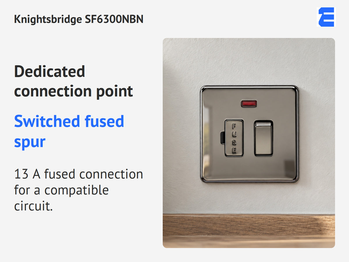Knightsbridge SF6300NBN infographic: Switched fused spur. 13 A fused connection for a compatible circuit.