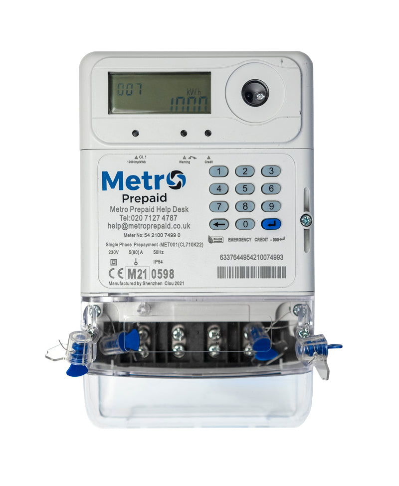 MET001 Metro Prepaid Single Phase Meter, 80A, MID Certified, PayPoint Vending, IP54,