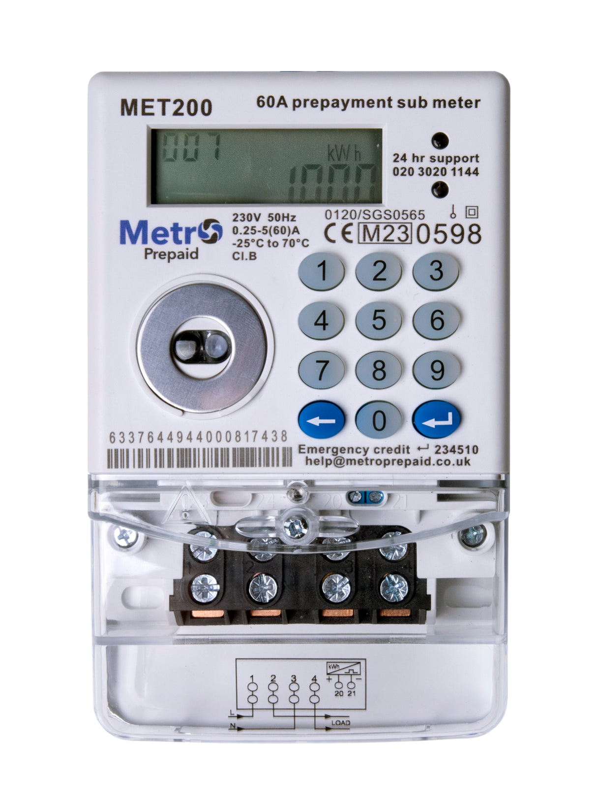 MET200 Metro Digital Prepaid Meter, Single Phase, 60A, MID Certified, IP54,